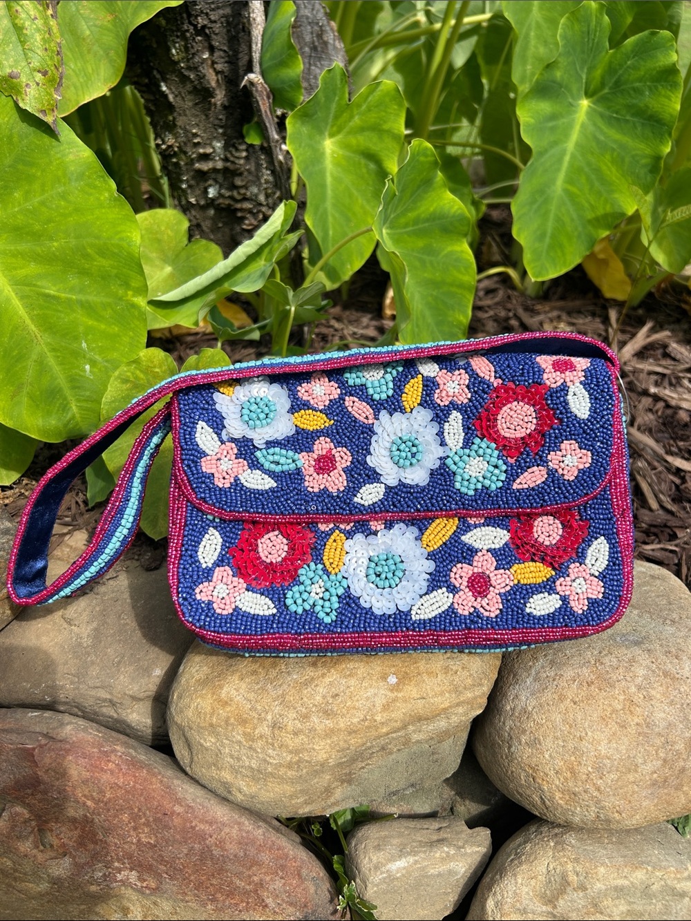 Beaded Floral Shoulder Bag in Navy and Fuchsia Made in India